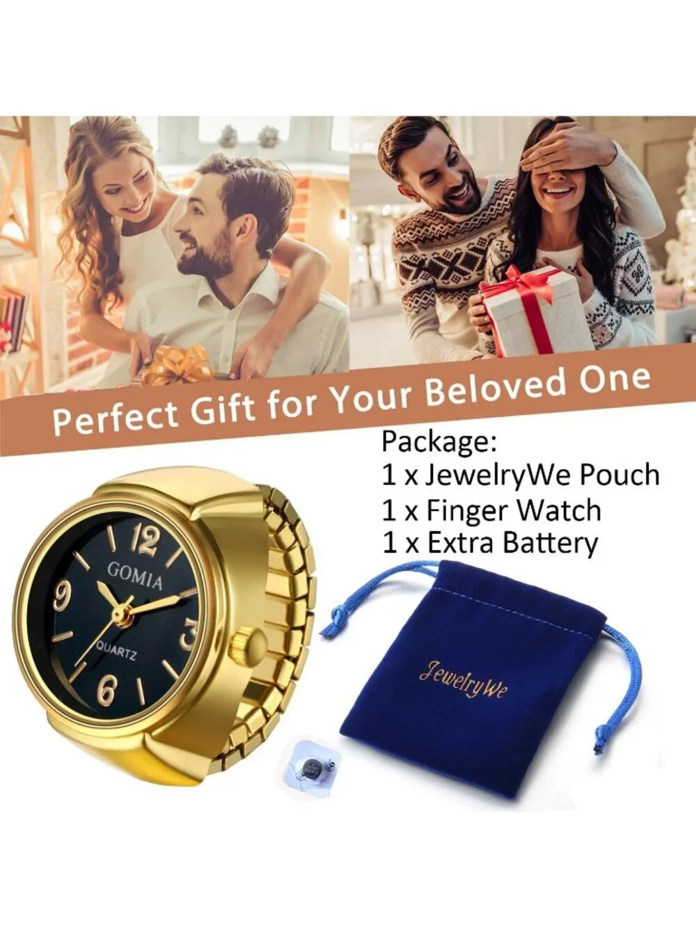 Unisex Gold And Black Analog Stretchy Elastic Band Analogue Finger Ring Watch